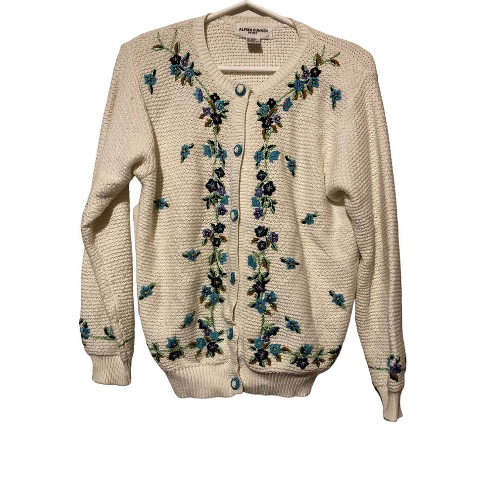 Alfred‎ Dunner Petite M Button Up Cardigan Long Sleeve Blue White Embroidered